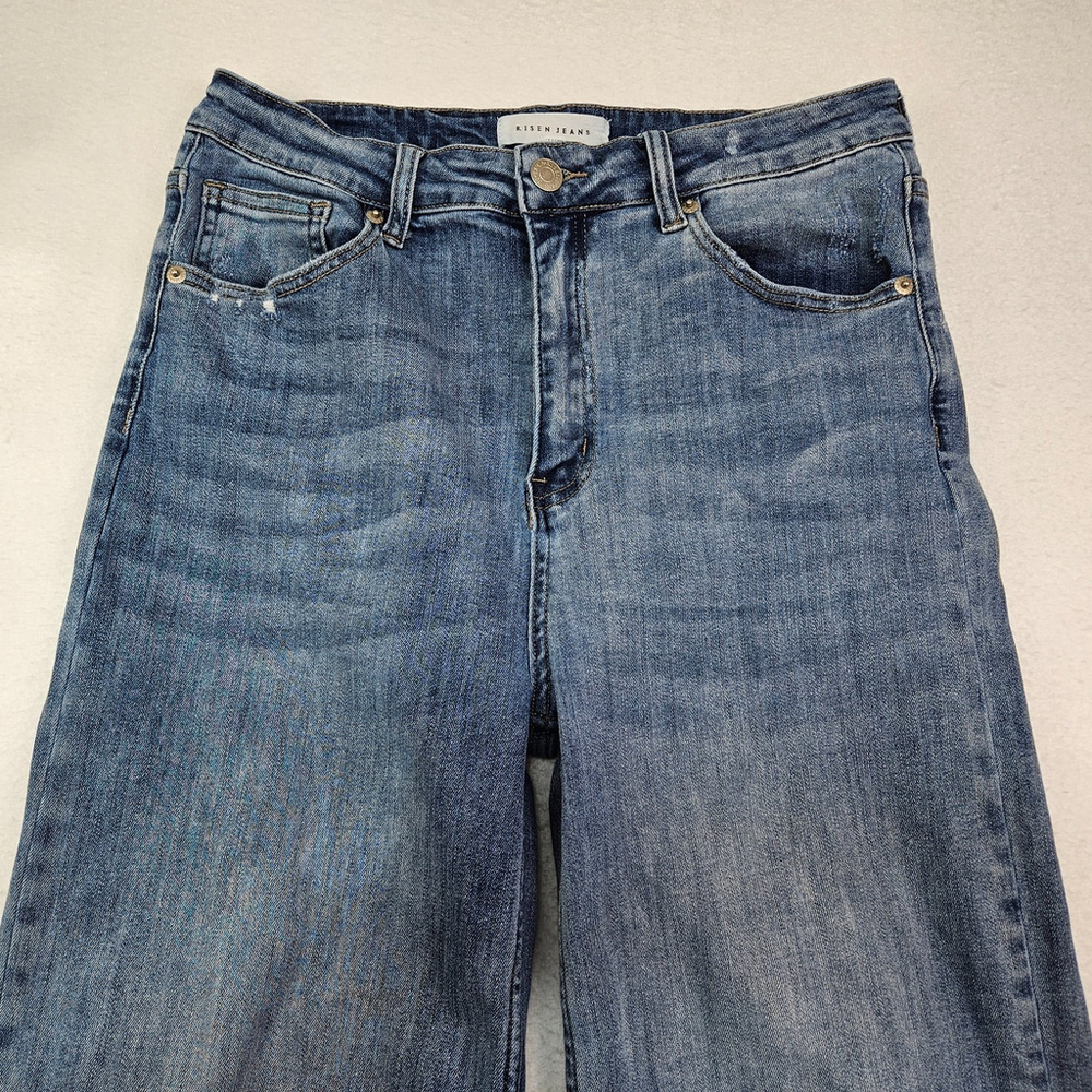 Risen High Rise Crop Wide Fray Hem Jeans Women's 11/30 Blue Denim - Picture 9 of 14